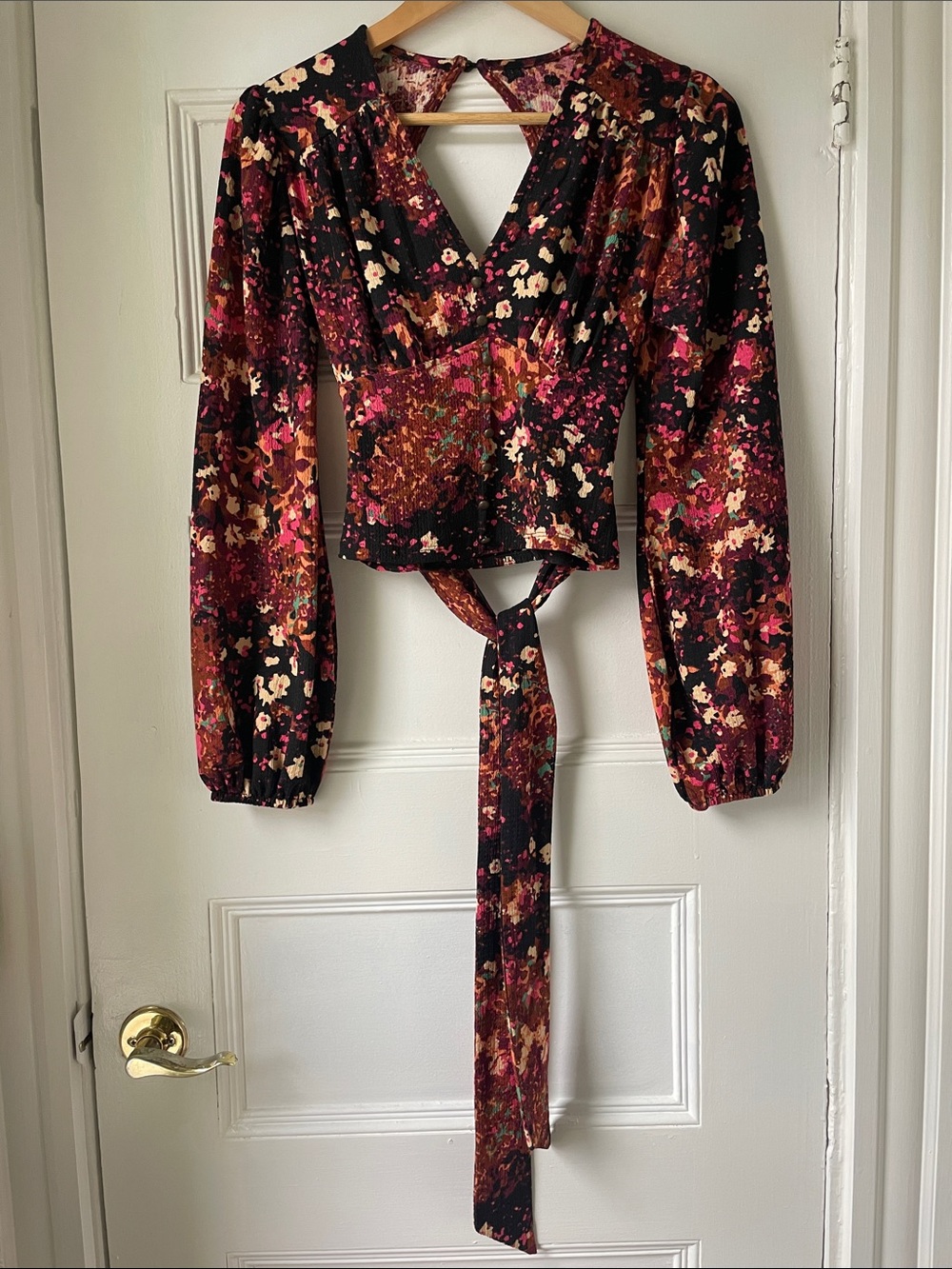Anthropologie Floral Wrap Crop Top in Black, Rust, Pink and Cream